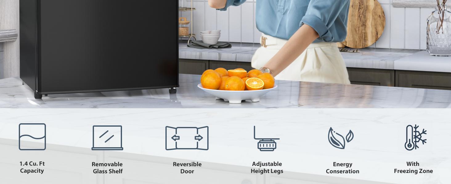 Antarctic Star Compact Refrigerator Mini Fridge with Freezer, Single Reversible Door, Dorm Fridge, Removable Glass Shelf, Defrost Button, for Bedroom, Office, Garage, 1.4 Cu. Ft, Black