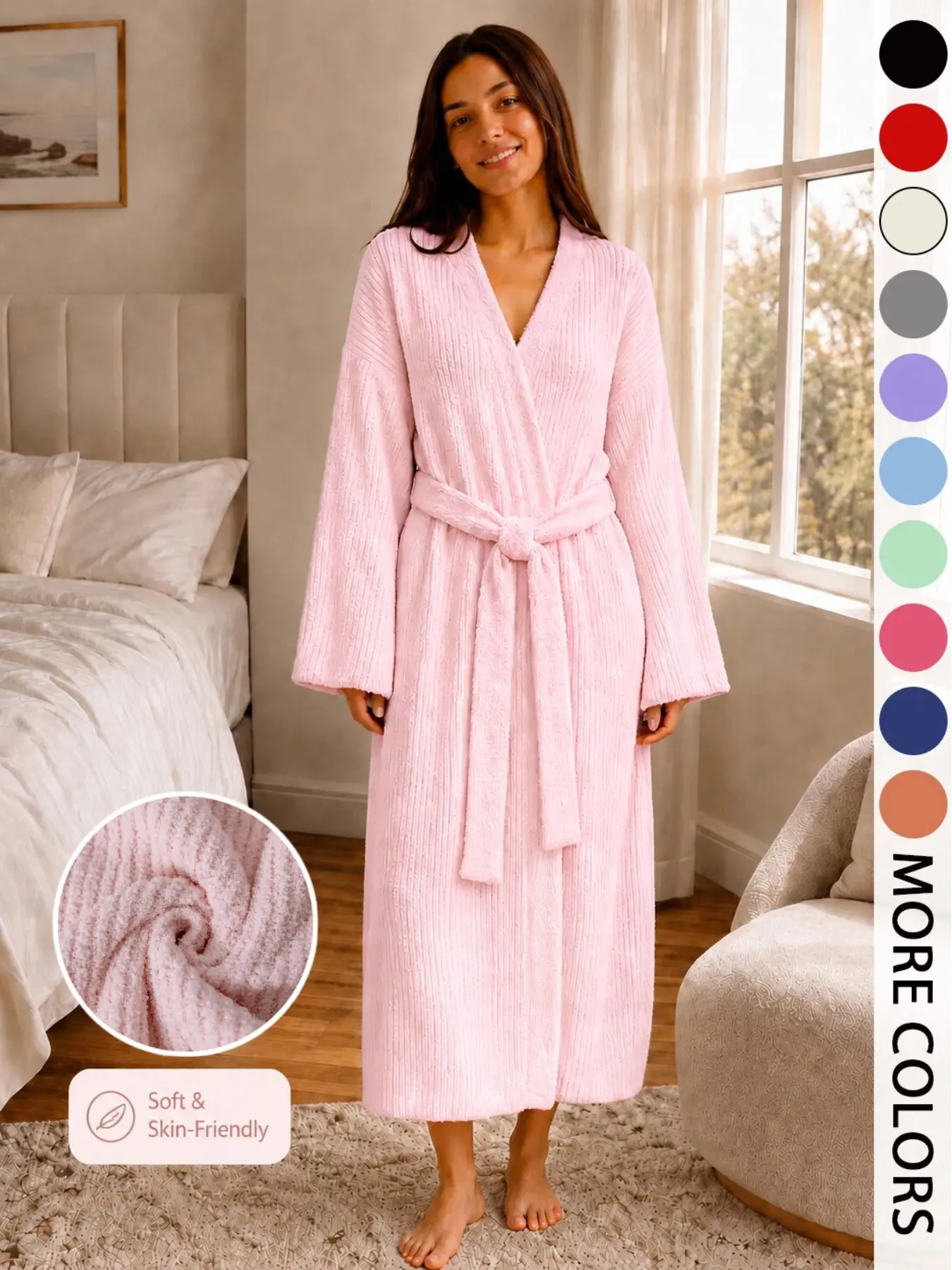 [COZY Soft Plush Feel] Women’s Thickened Thermal Lined Bathrobe | Solid Color V Neck Drop Shoulder Long Sleeve Robe with Pockets & Belt | Loose Warm Dressing Gown, Soft Comfortable Winter Sleepwear & Loungewear