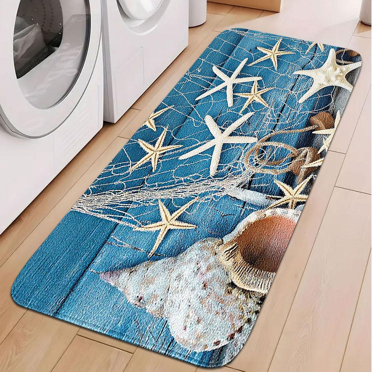 Ocean Theme Starfish Seashell Bath Mat, Blue Wood Print, Thick Faux Wool, Skin-Friendly, Non-Slip, Absorbent, Durable, Easy Clean, All Seasons