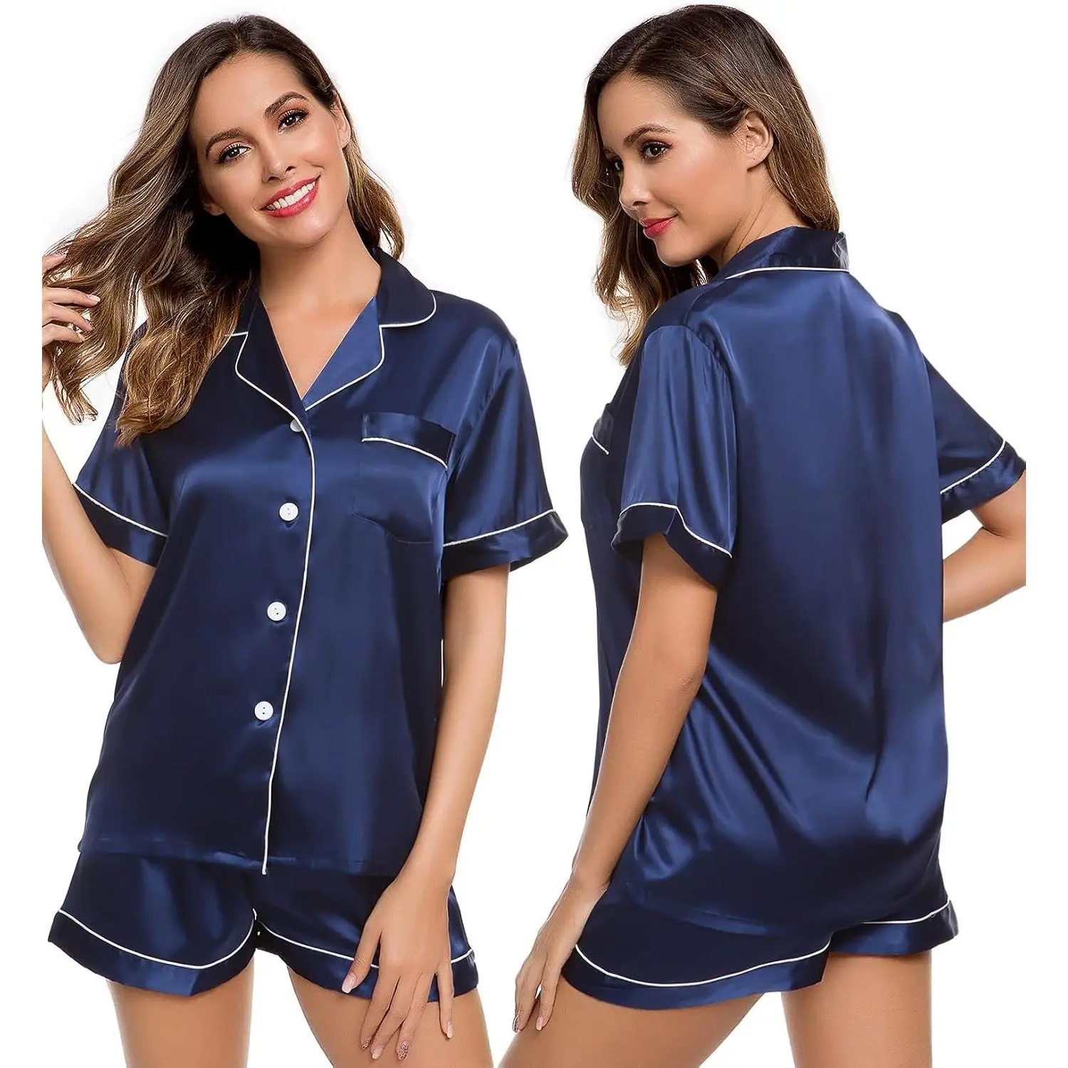 Womens Silk Satin Pajamas Short Sleeve Loungewear Two-Piece Sleepwear Button-Down Pj Set