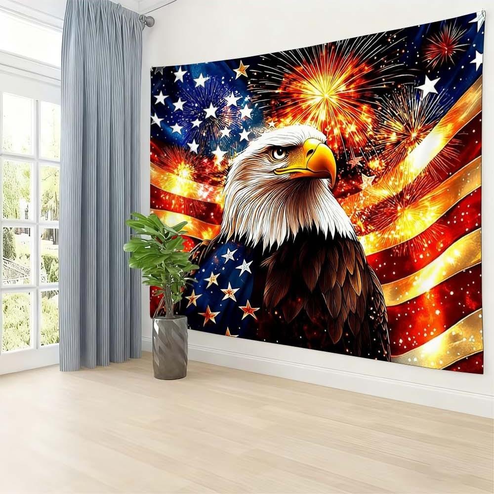 1PC Independence Day themed tapestry featuring majestic eagle and vibrant fireworks creates festive atmosphere perfect for enhancing wall decor in bedrooms or living rooms during gatherings and celebrations stunning design complements home style rich colo