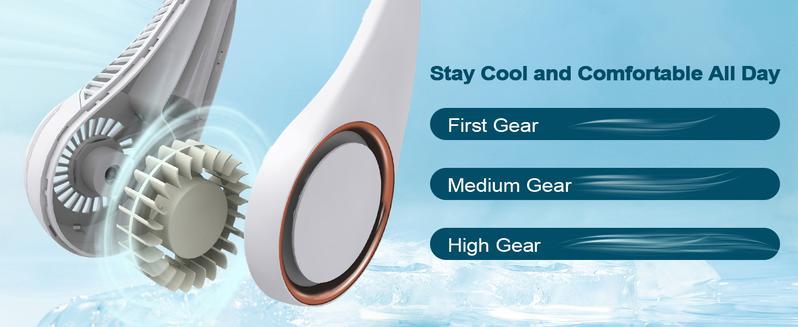 Hands-free neck fan for sports, Rechargeable bladeless cooling technologywith up to 8 hours of run time -Wearableheadphone design provides cooling for face,neck and shoulders as you move,travel and outdoorfun
