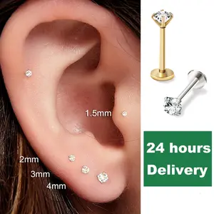 2/8PCS Stainless Steel Eearring Nose Stud Cartilage Piercing Jewelry Helix Tragus Lip Flat Back Tiny Earrings for Women 18G