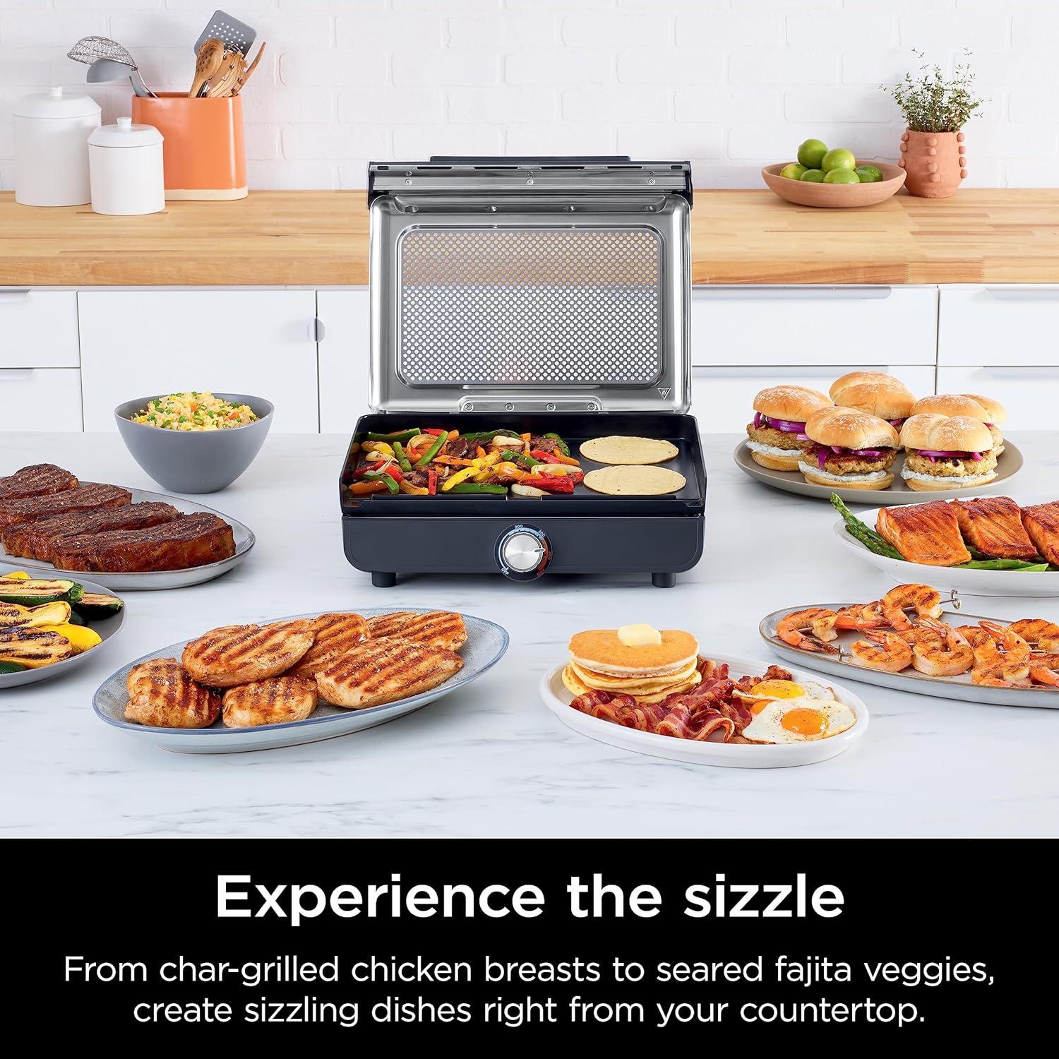 Griddle and Indoor Grill, 14’’, Electric Grill, For Steak, Burgers, Salmon, Veggies, and More, Pancake Griddle, Nonstick, Dishwasher Safe, 500F, Even Cooking, Silver, GR101