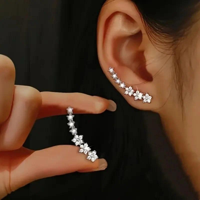 Korean Shiny Zircon Star Flower Climbing Earrings for Women Exquisite Sliver Color Crystal Statement Earrings Jewelry Gifts