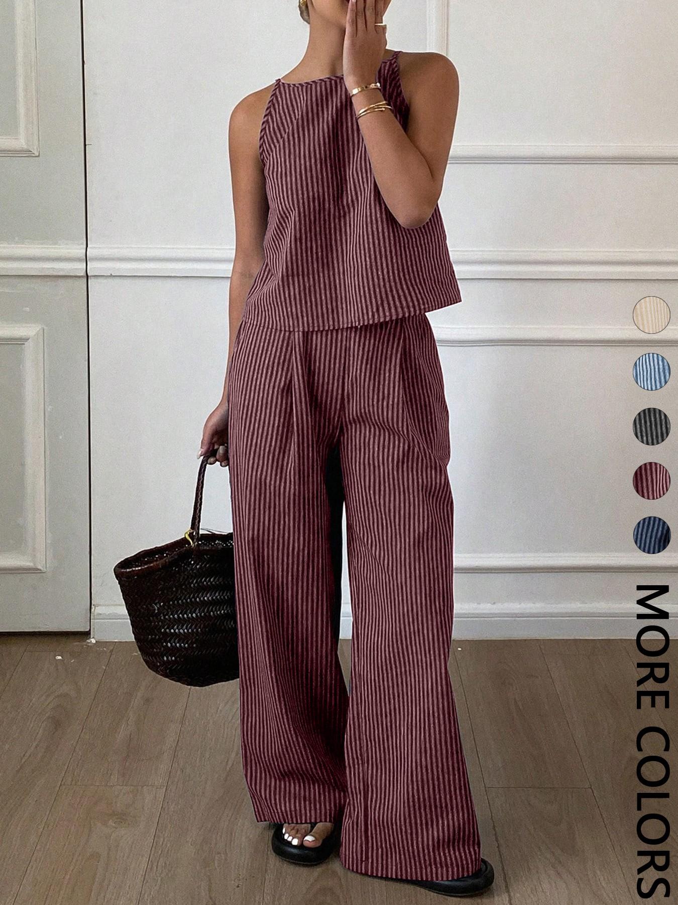 Two-Piece Women's Casual Summer Striped Lightweight Spaghetti Strap Sleeveless Top & Loose Long Pants Outfit Set, Comfortable Stylish Set Two-Piece Women's Casual Summer Striped Lightweight Spaghetti Strap Sleeveless Top & Loose Long Pants Outfit Set, Comfortable Stylish Set