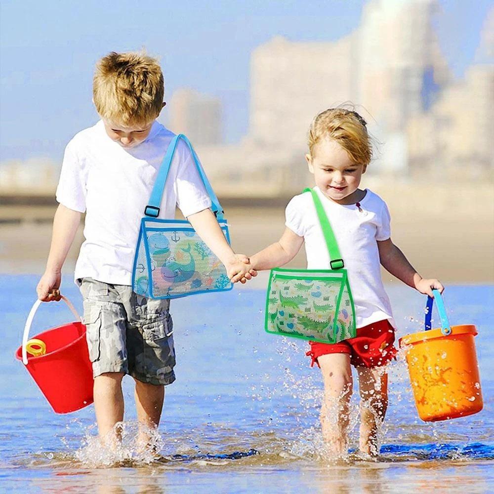 Beach Toy Storage Mesh Bag, Kids Shell Collection Pouch with Zipper, Waterproof Swim Gear Carrier for Boys and Girls, Portable Net Bag for Beach Toys, Holds Sand Buckets Shovels, Storage Carrying Bag, Organizational Zipper Storage, Zippered Storage