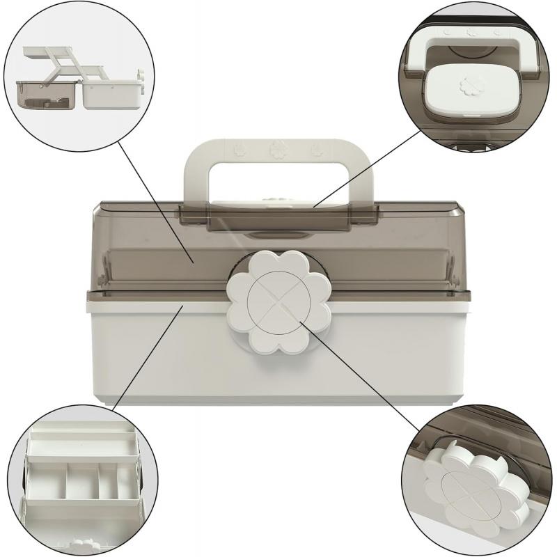 Medicine and stationery storage box, handle-equipped organizer, lockable three-layer multi-functional art supplies storage box and plastic storage container