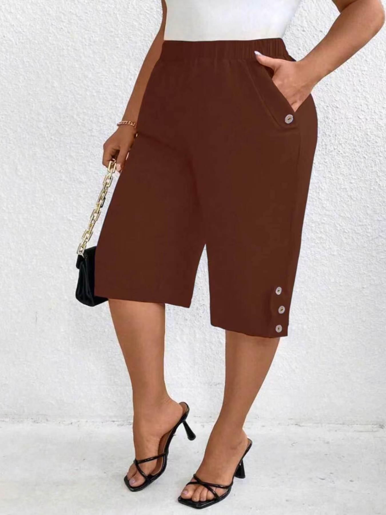 Elegant Plus Size Solid Color Elastic Waist Fitted Slant Pocket 7/8 Pants, Casual Fitted Bottoms, Comfortable High Stretch Women's Casual Trousers