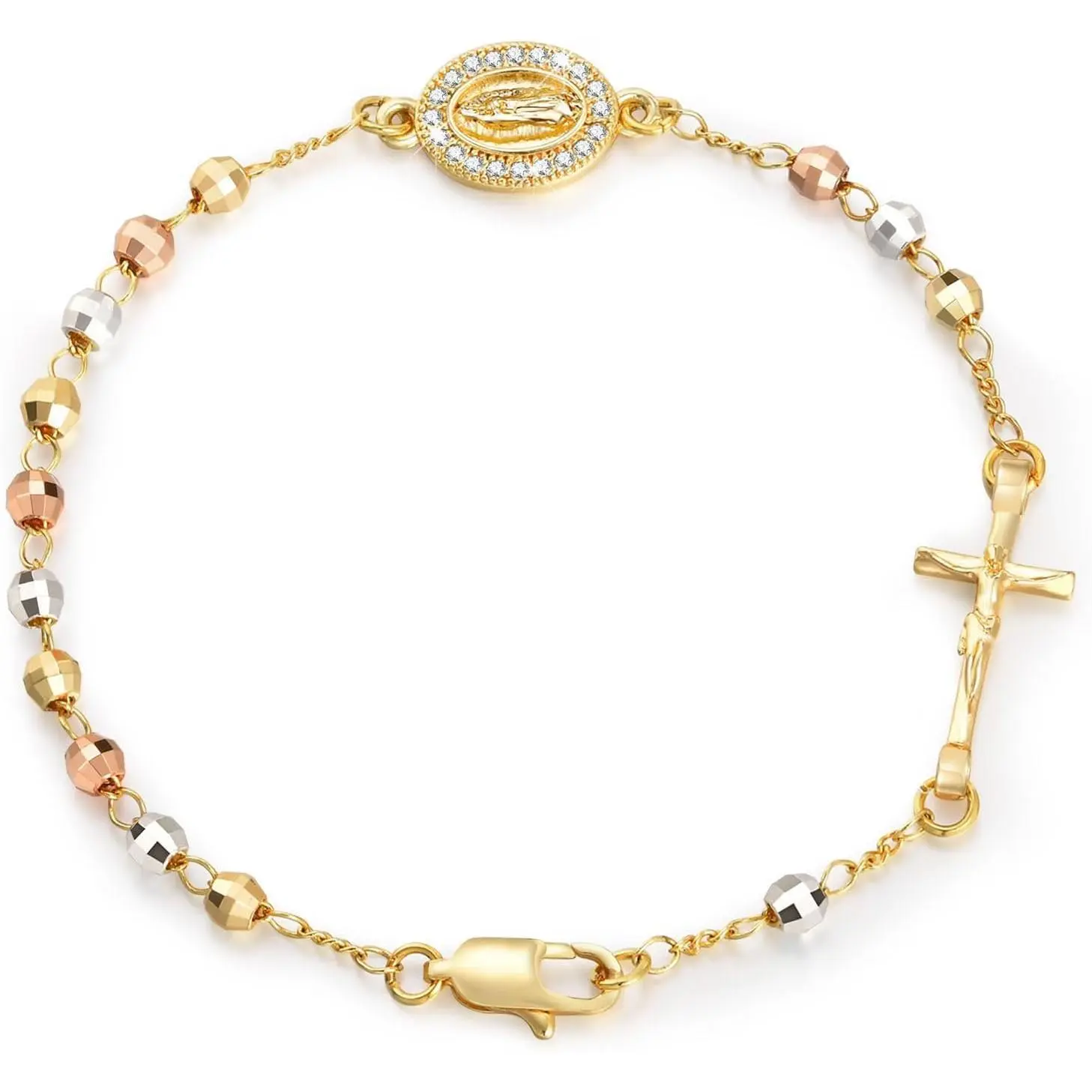 Charm Bracelet for Women with Natural White Turquoise & Pink Zebra Jasper, 14kt Gold-Plated High Quality Beaded Stretch Jewelry, Virgin Mary Religious Gift, High Quality Bracelet, Exquisite Bracelet tiktokshopbacktoschool