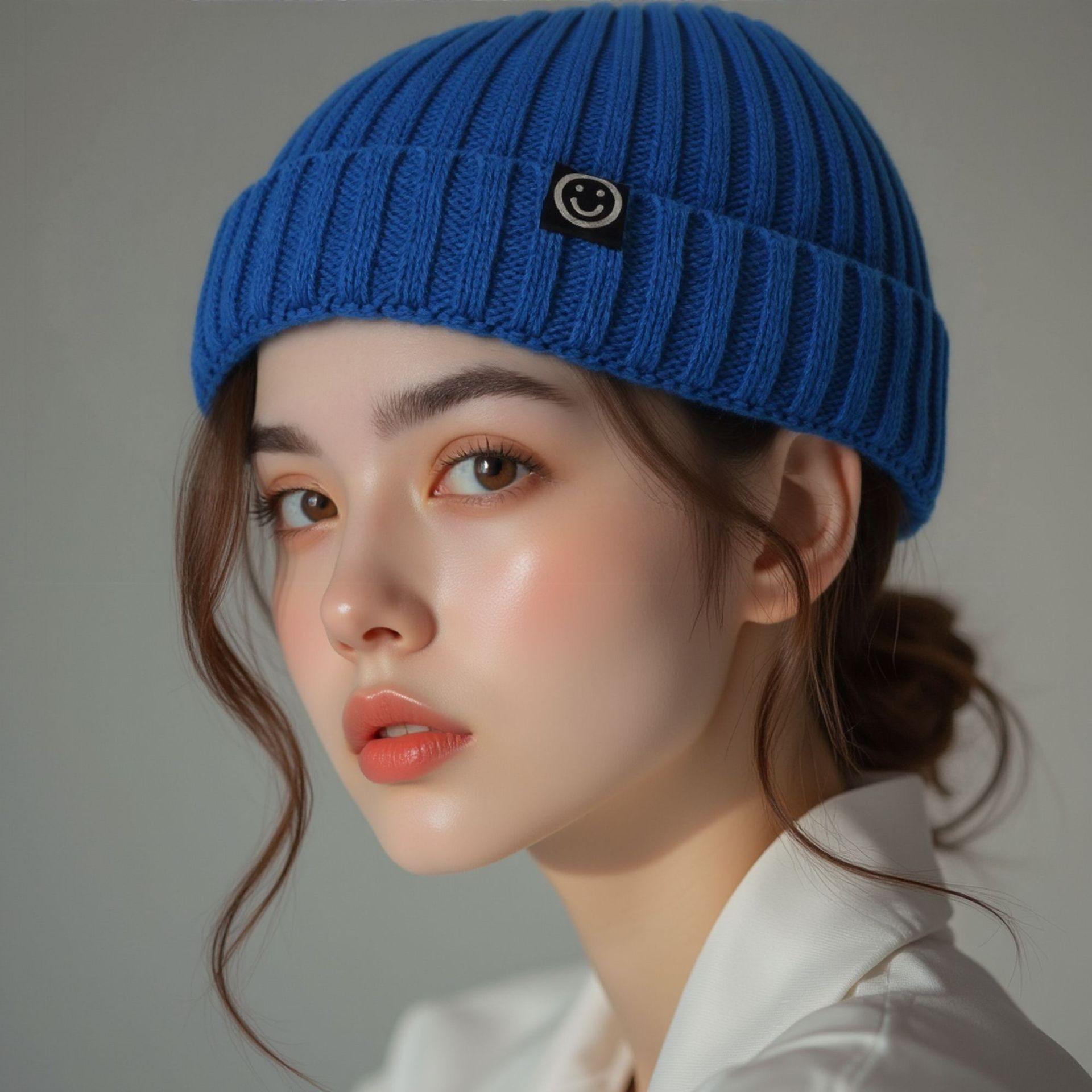 Smiley Face Knit Beanie, Unisex Casual All-Season Hat, Soft Elastic Ribbed Design, Cute Embroidered Smiley, Plain Color Trimmed Edge