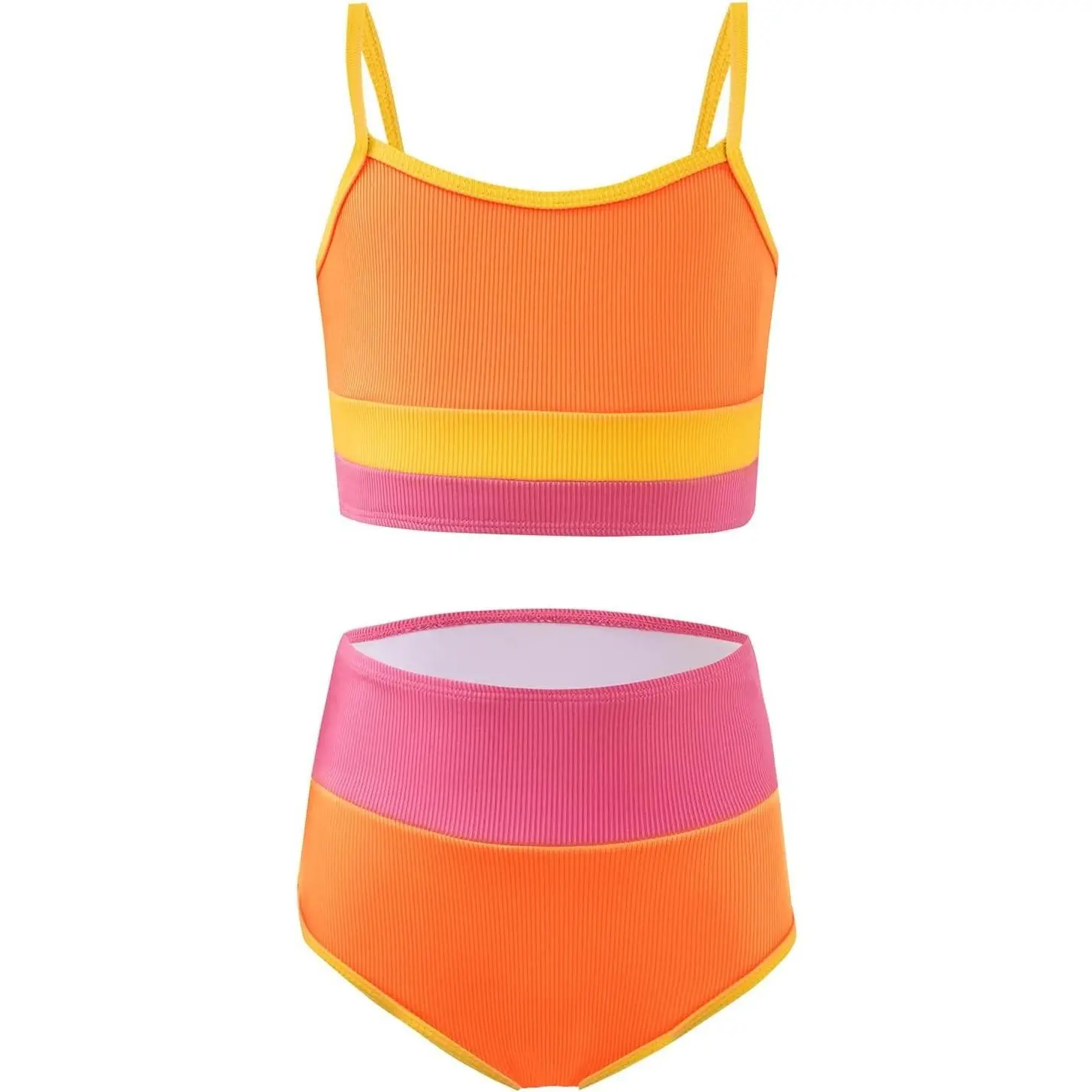 Girls' Two Piece Bikini Swimwear Set with Adjustable Straps, Color Block, Chest Pad, Ages 5-14 Years(Gift)