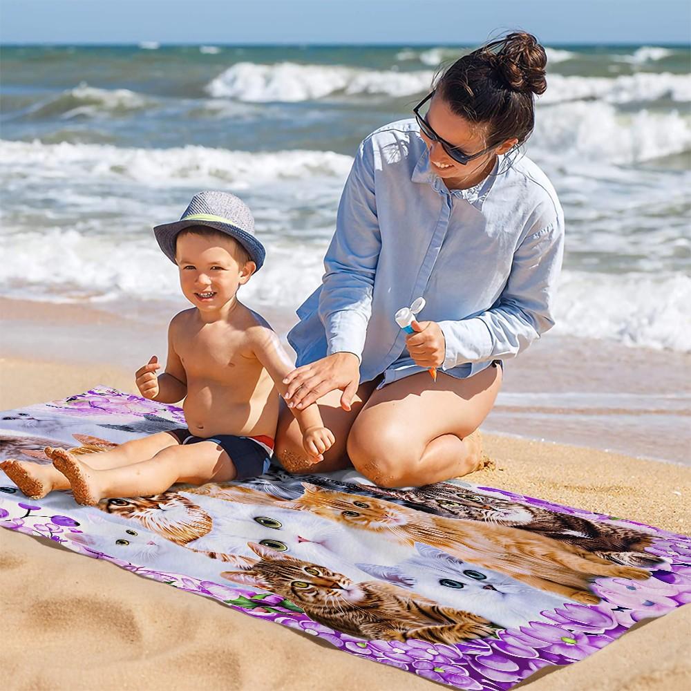 Purple Flower Cats Print Oversized Beach Towel, Soft Microfiber Bath Towel, Sand Free Large Beach Blanket for Summer Vacation, Family Travel Camping Cat Lover Accessory