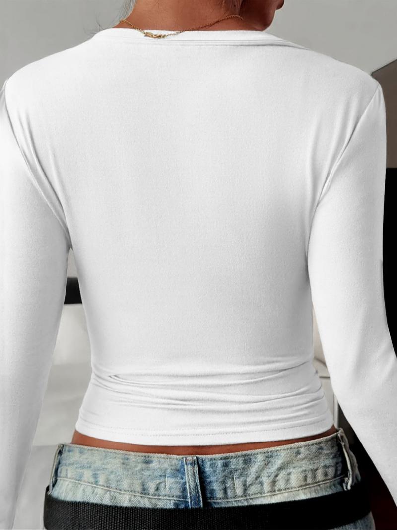 Women's Deep V Neck Long Sleeve Short Top, Slim Fit T-Shirt, Sexy Cross Design, Soft Fabric, Casual Street Style, Party Clubwear