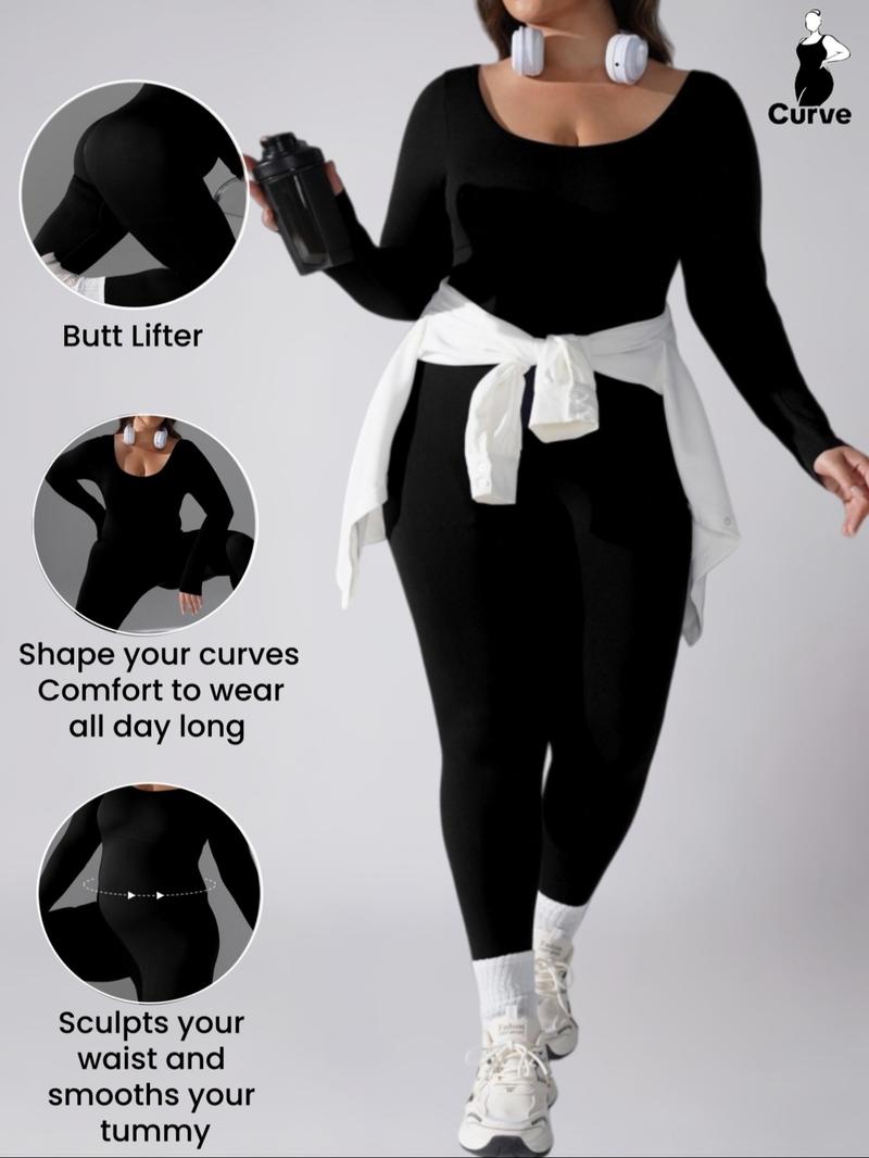 1 COUNT Women's Plus Size Slimming Long Sleeve Jumpsuit, Waist Cinching Yoga Pants, Casual Fall & Winter Sportswear,  Seamless Bodysuit,Stretch Skin-Friendly Fabric，Bottoms For Daily Wear