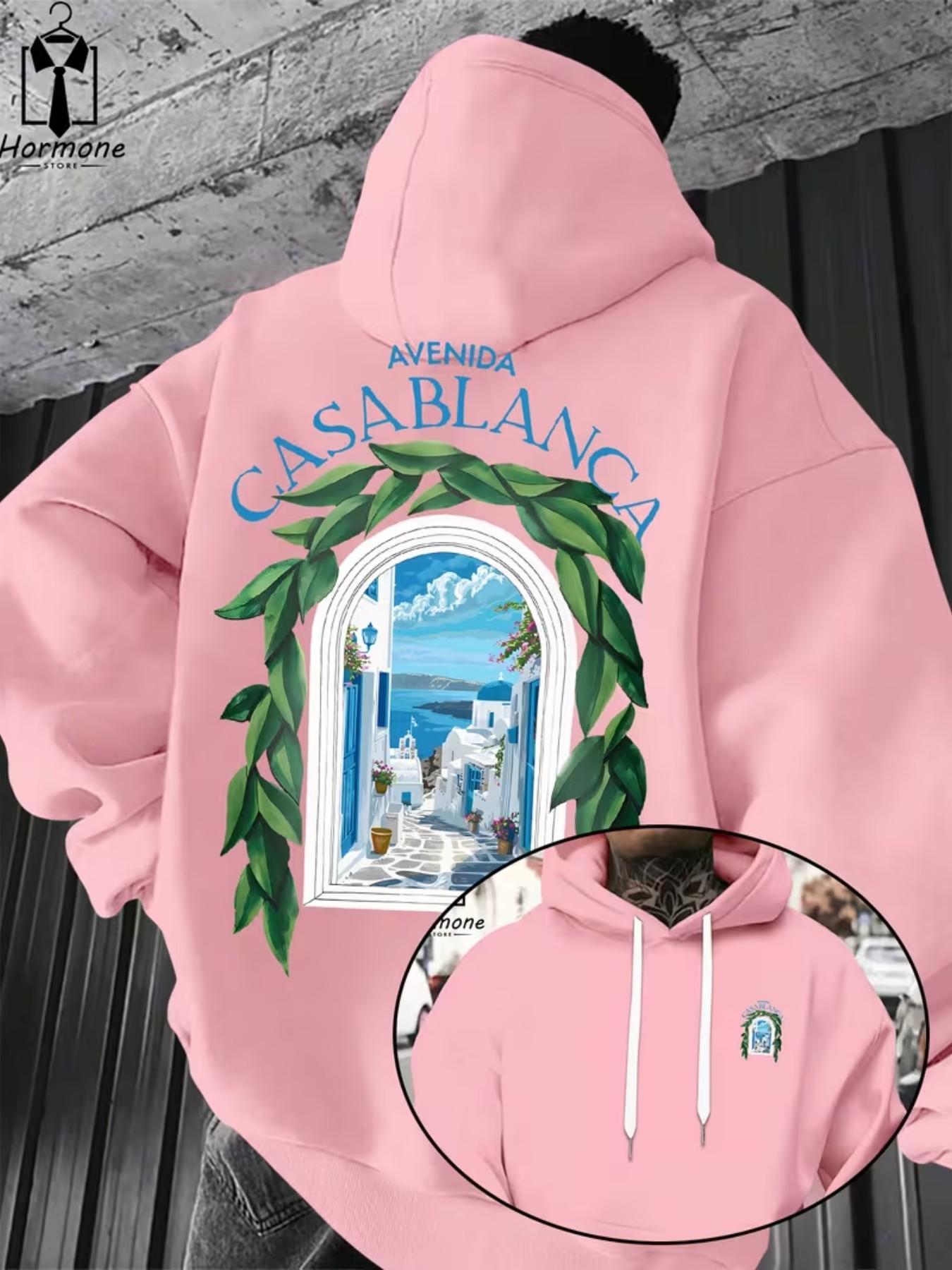 Men's Casual Hooded Sweatshirt, Avenida Casablanca Text & Landscape Print, Spring Fall Warm Pullover, Kangaroo Pocket Design