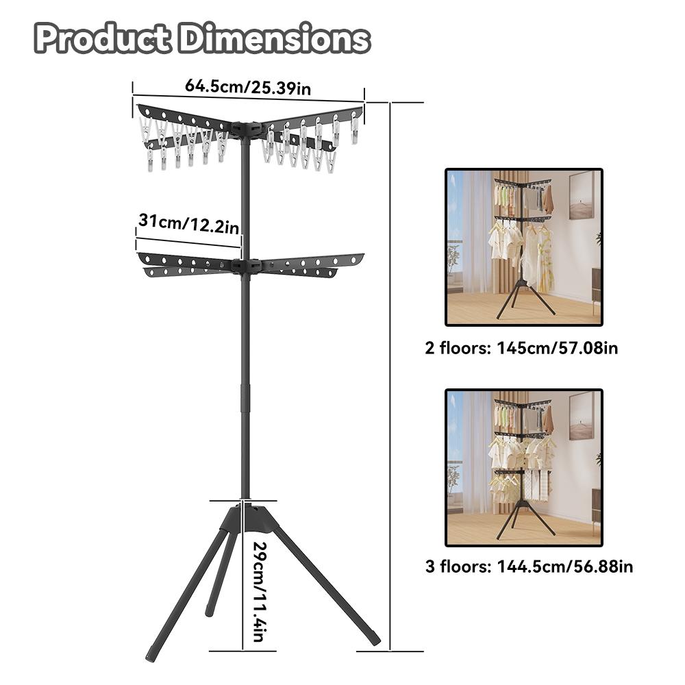 Space-Saving Foldable Tripod Clothes Drying Rack with 24 Clips, Ideal for Indoor, Poolside, RV Travel, Compact Laundry Stand, Lightweight Portability