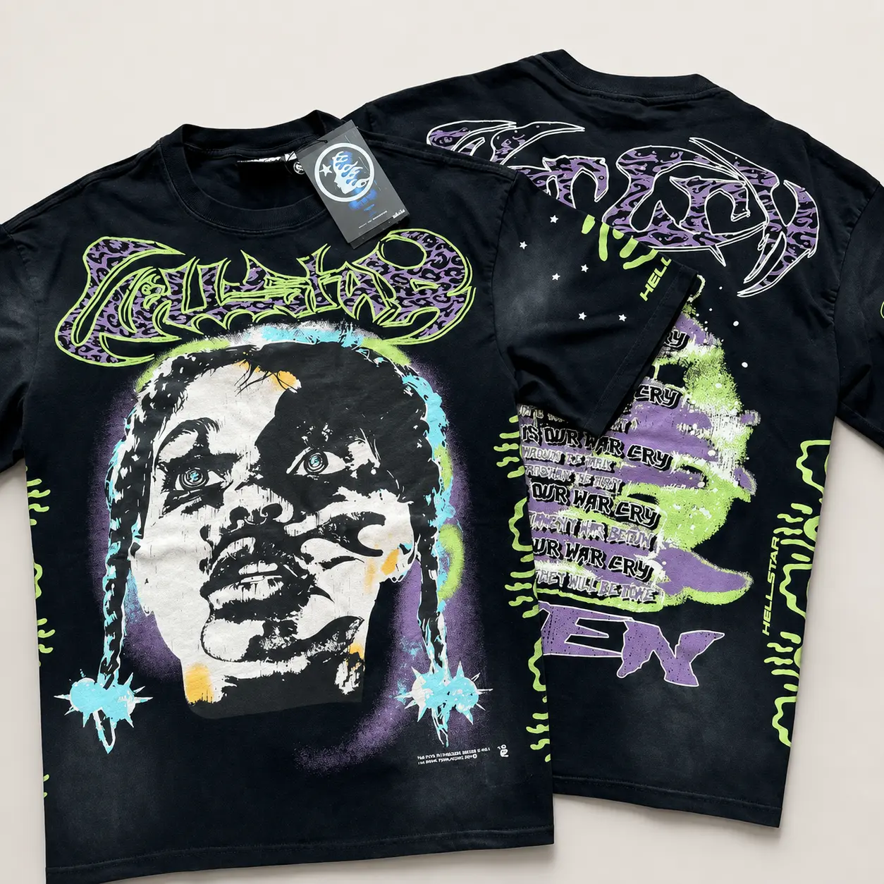 Hellstar 100% Heavyweight Cotton Graphic T-Shirt, Y2K Vintage Washed Oversized Tee, Double-Sided Gothic Punk Streetwear Short Sleeve Crew Neck Top for Men and Women