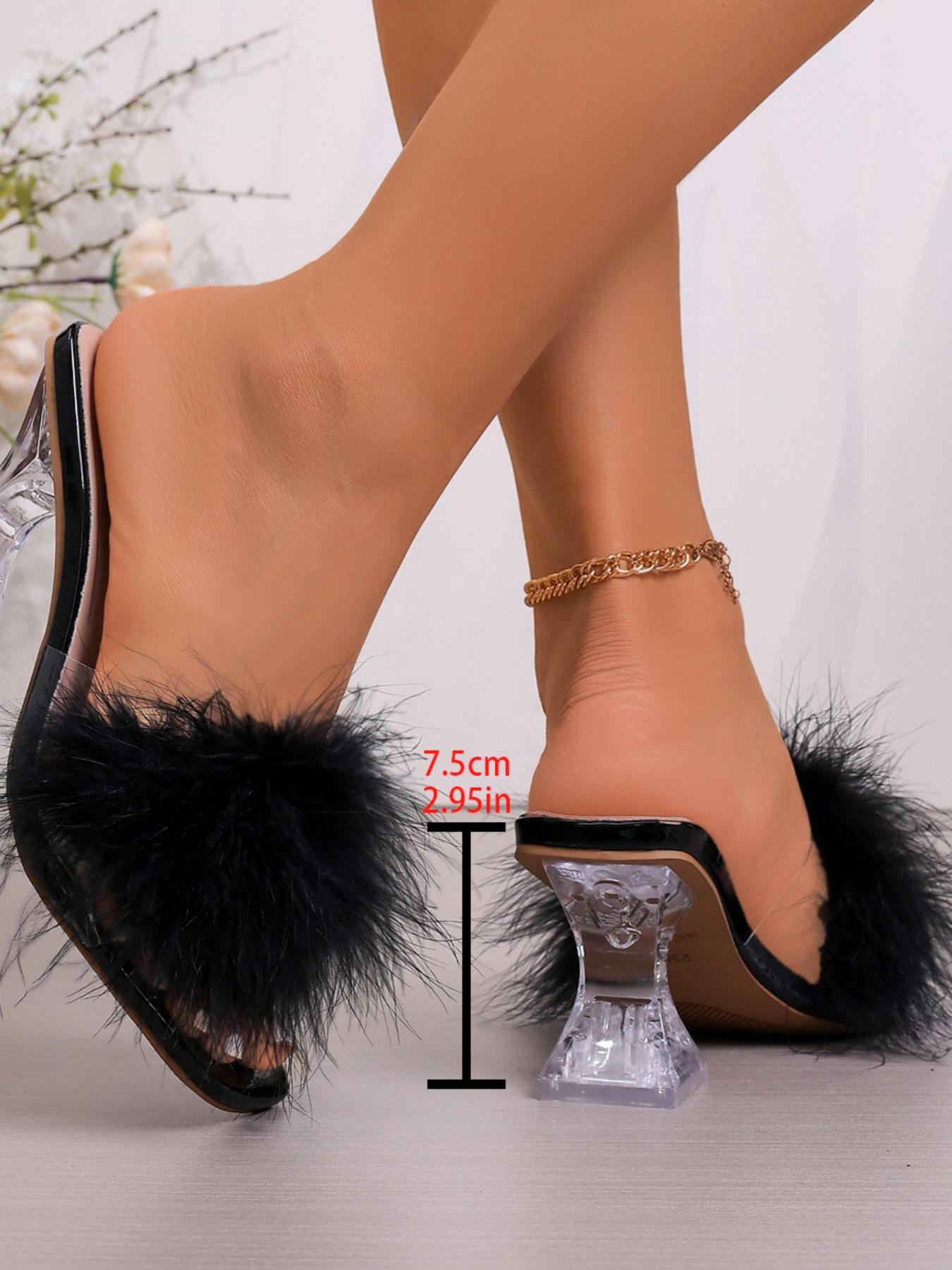 Women's Black Marabou Feather Clear Block Heel Open Toe Slides, Coquette Party-Chic Style, Sexy Club Sandals