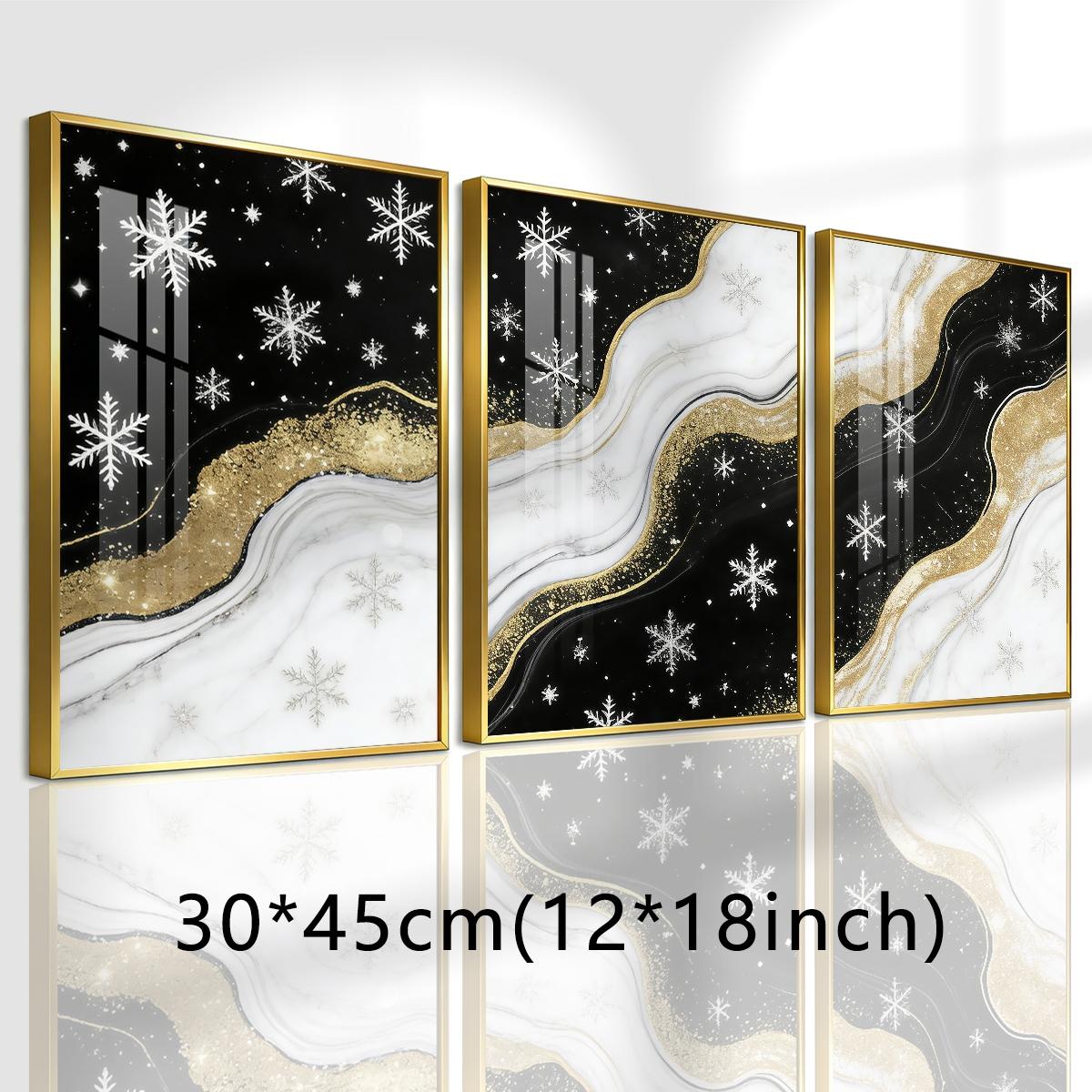 3 Counts Aluminum Alloy Framed Painting, Black White And Gold Snowflake Abstract Art Pictures, Home Decoration For Living Room, Bedroom, Office, Restaurant, Hallway Wall Decor, Odorless Print Artwork, Luxury Perfect Gift For Friends And Family