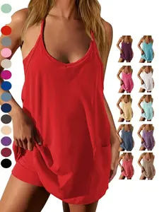 Women's Athletic Sleeveless Mini Dress with Shorts, Summer V Neck Spaghetti Strap, Short Spring Tennis Dress with Pockets