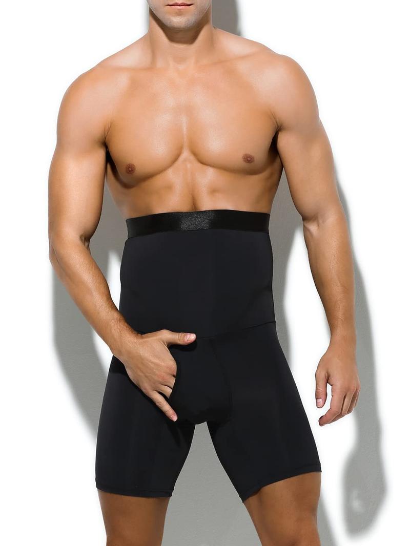 Plus Size High Elasticity Body Shaper, Smooth Belly, Lift Hip, Comfortable High Waist Tight Pants, Men's Polyester Knit Fabric, Solid Color