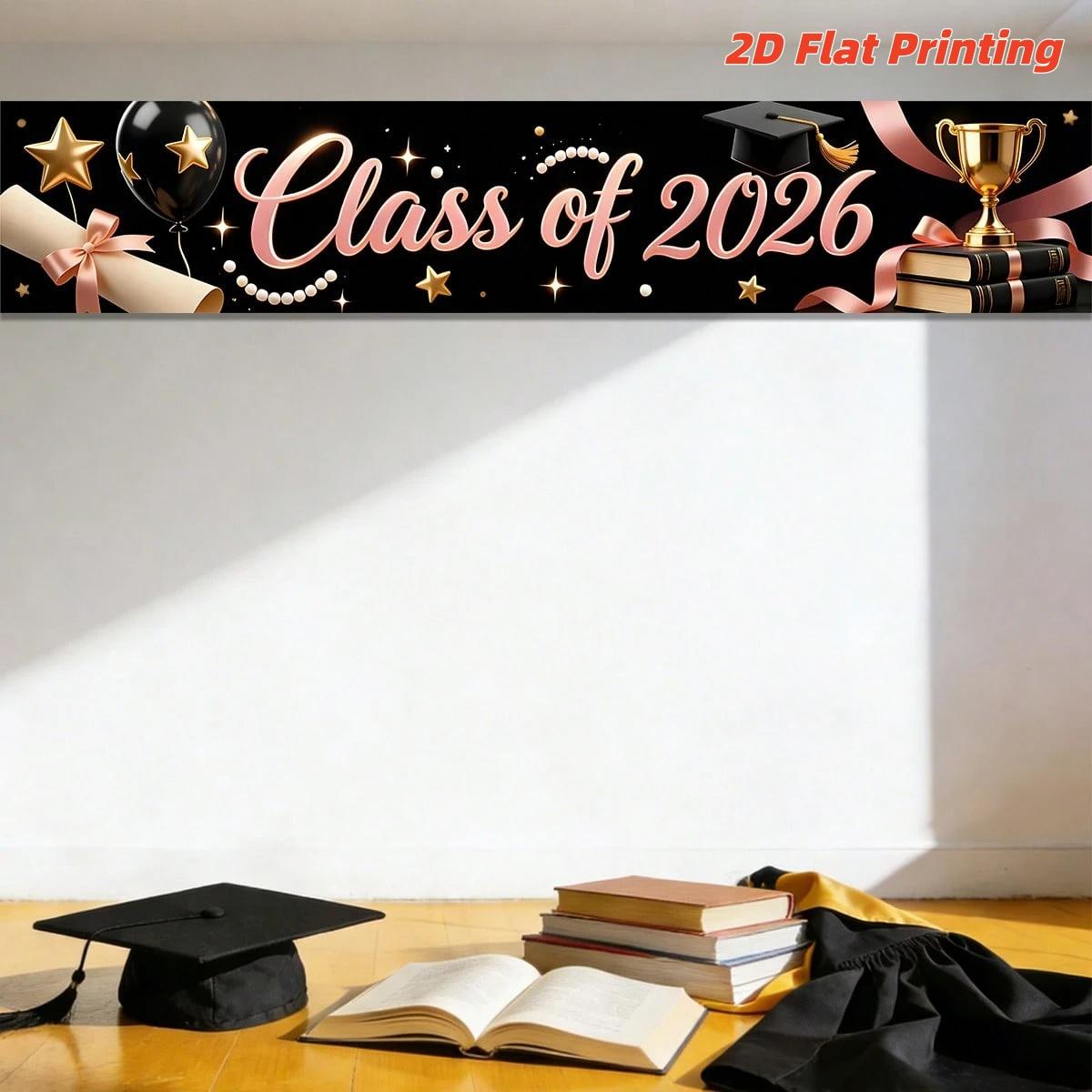 2D Flat Class of 2026 Graduation Decoration Set 1 piece banner + 3 piece door curtain set Polyester material Pink gold bachelor's hat balloon graduation banner 2026 graduation ceremony party photo hanging cloth Campus graduation season atmosphere decorati