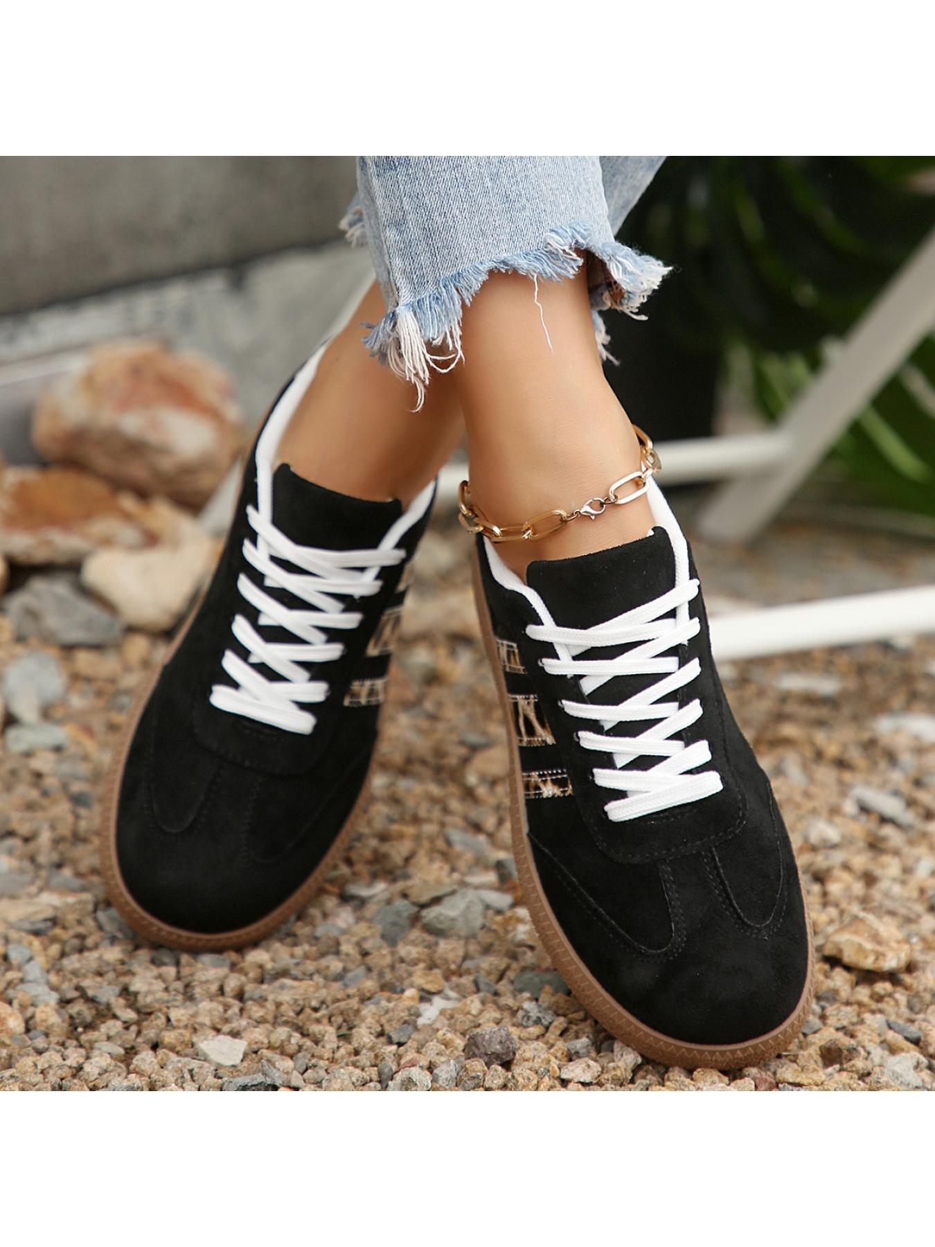 Women's 2.5cm Platform Leopard Print Sneakers, Black/Beige, Retro 3-Stripe Casual Shoes