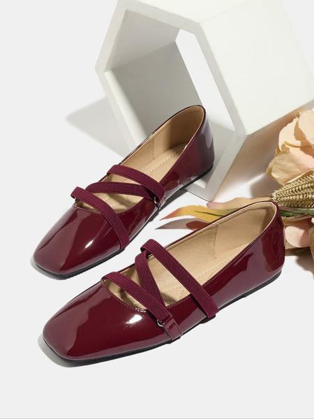 Women's Easy Slip-On Casual Trendy Flat Shoes, Wine PU Leather Square Toe Casual Ballet Flats, All Season Comfortable Wear-Resistant Design