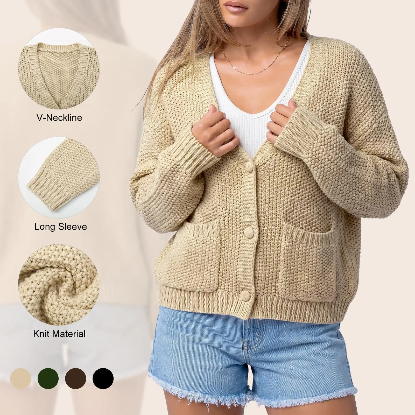 Imily Bela V Neck Chunky Knit Cardigan Women Long Sleeve Pocket Button Loose Cropped Sweater