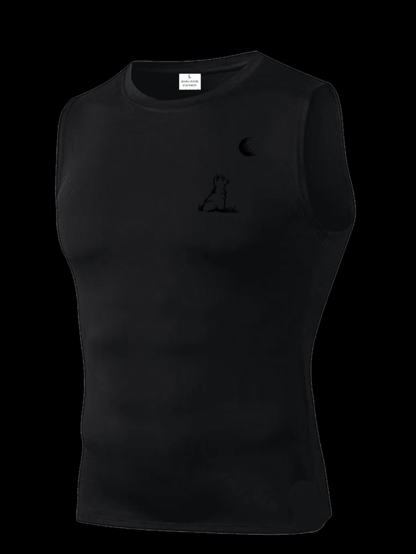 Men's Short Sleeve Sporty Tee, Quick-Dry Breathable Slim Fit, Cat Moon Print, Ideal for Gym, Running, Boxing, Outdoor Activities