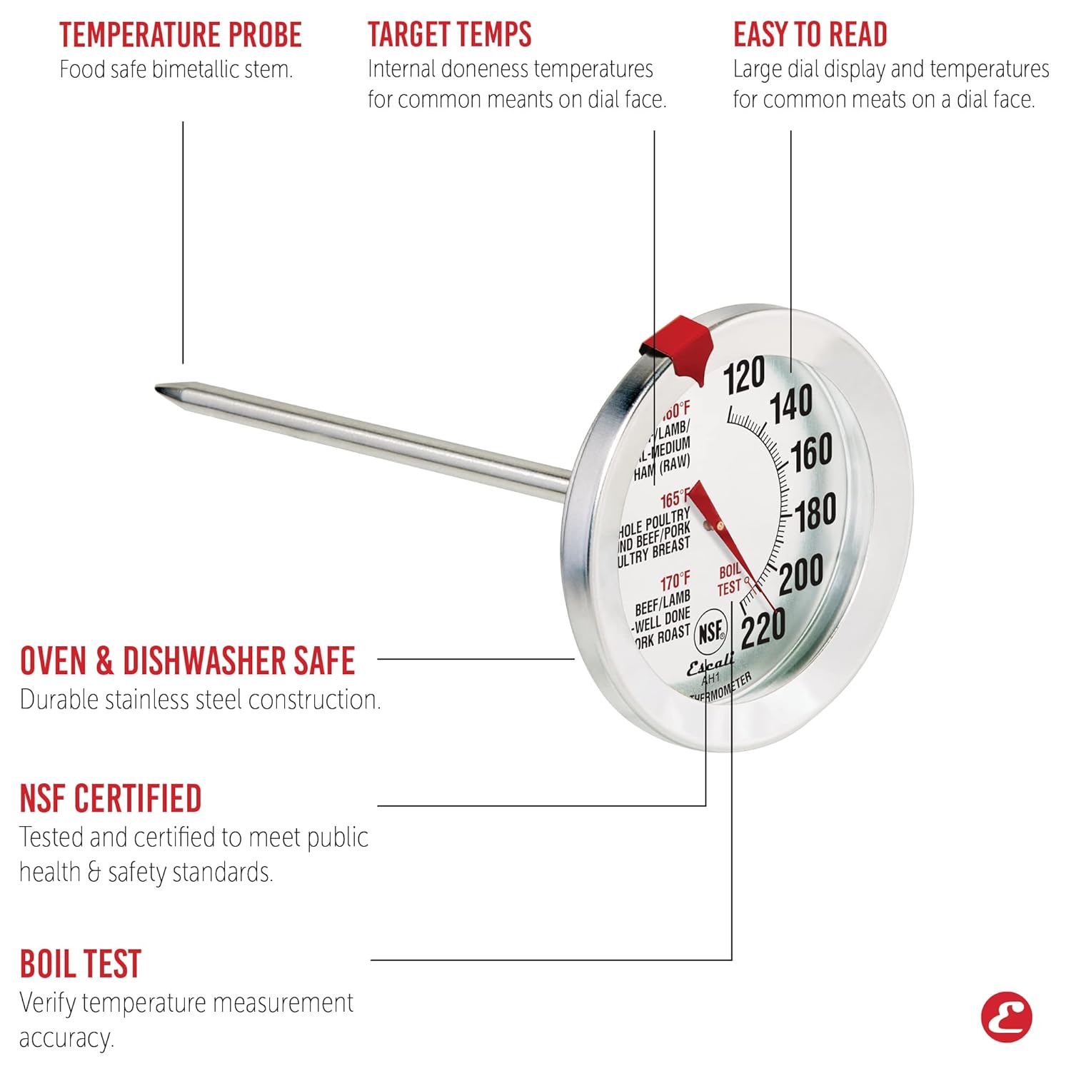 Stainless Steel Oven Safe Meat Thermometer, Extra Large 2.5-inches Dial, Temperature Labeled for Beef, Poultry, Pork, and Veal, Kitchen Cooking Accessories, Kitchen Tools