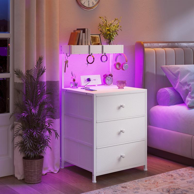 LED Nightstand Set of 2 with 3 Fabric Drawers & Shelf & Hooks, Tall Nightstand with LED & Power Outlet , End Table with Charging Station, Bed Side Table for Bedroom Furniture, White, Black, Rustic Brown