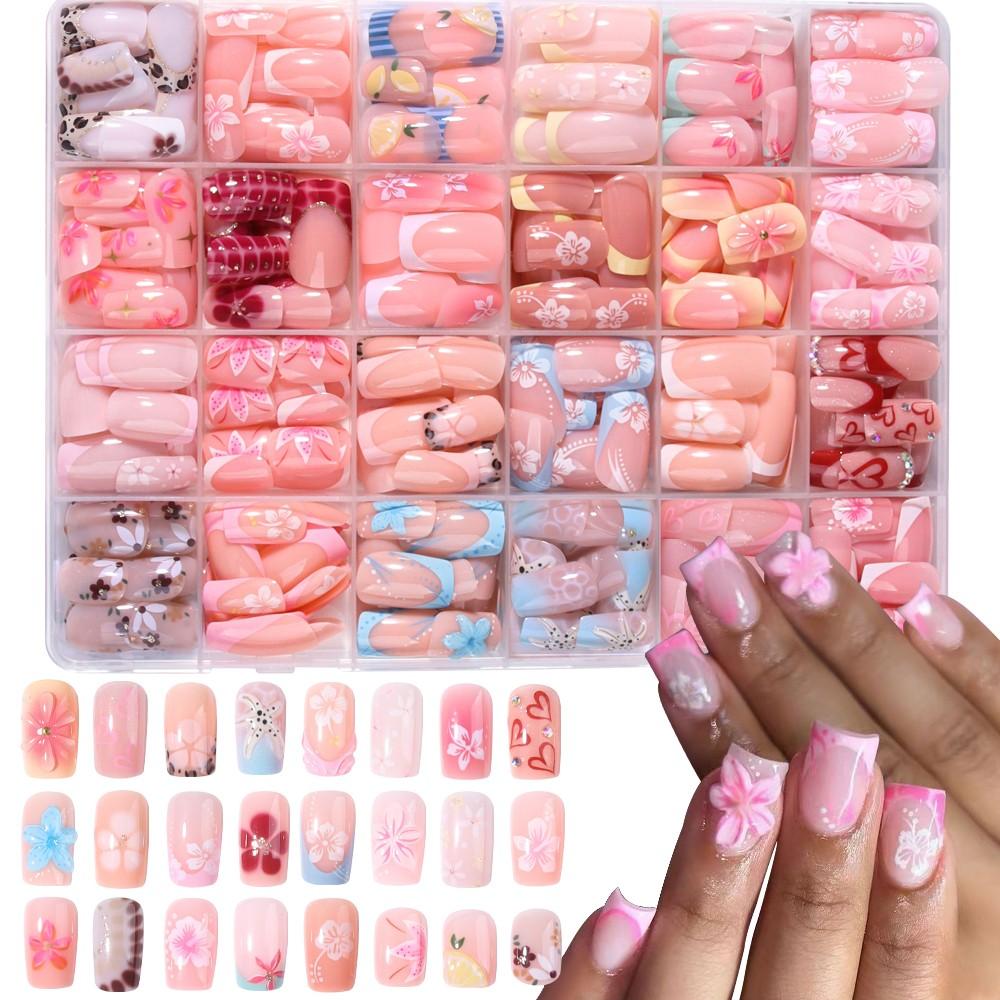 576pcs Short Square French Press-On Decorative Nails, 3D Gel Flower Peony Nail Art with Polka-Dot and Leopard Patterns, Acrylic False Nail Set