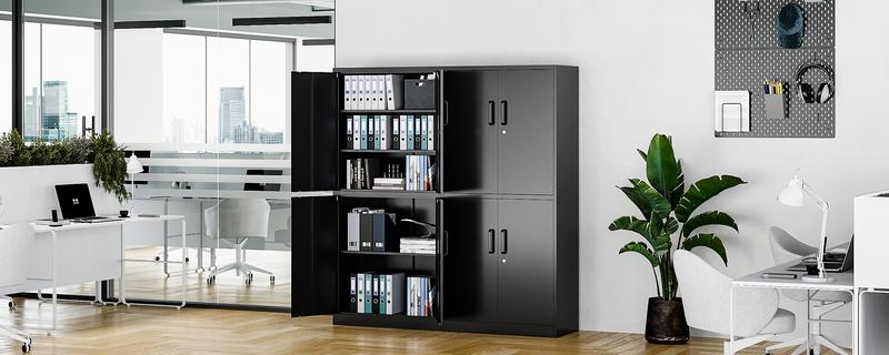 Metal Storage Cabinet with Lock, 71" Tall, 2 Adjustable Shelves, 4 Doors, Black Color, Ideal for Office, Garage, Home, and Pantry Use