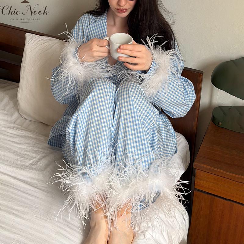 Feather Pajamas for Women Long Sleeves Button Down Shirt Lounge Pants Set Satin Silky Bridal Pjs
