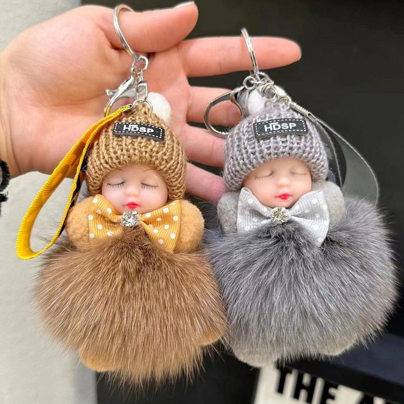 2-Pack Cute Fluffy Plush Sleepy Doll Keychain For Women | Kawaii Bag Car Key Ring Pendant Trinket Gift
