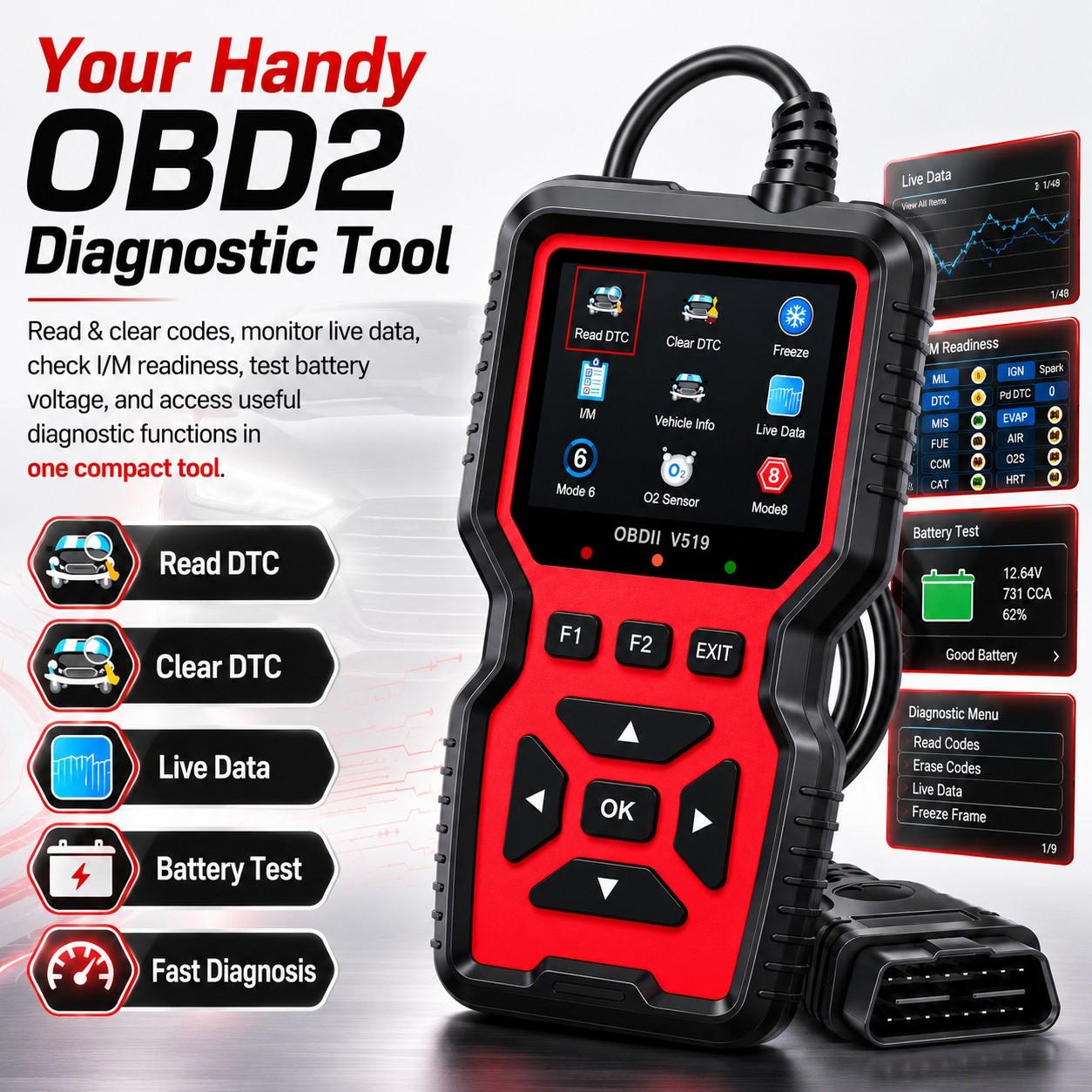 V519 Obd2 Scanner Diagnostic Tool, Engine Fault Code Reader, Live Data Stream, O2 Sensor Test, Battery Voltage Test for 12V Vehicles