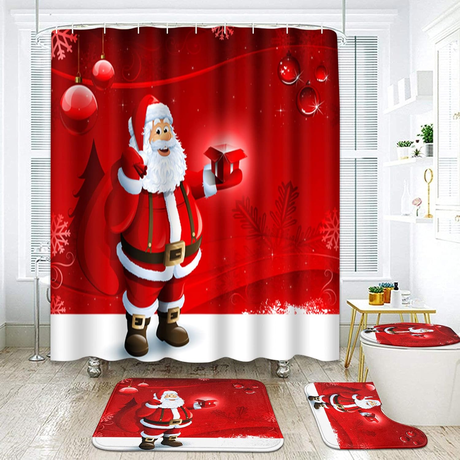 4 Pcs Shower Curtain Set Merry Christmas Happy New Year with Non-Slip Rugs Toilet Lid Cover and Bath Mat Bathroom Decor Set
