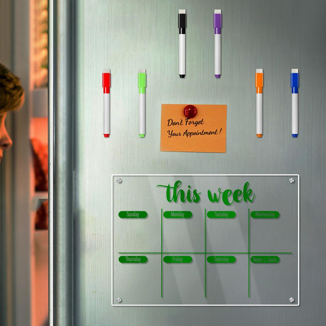 Transparent Acrylic Magnetic Refrigerator Fridge Calendar Magnetic Weekly Planner Board, Erasable Schedule Organizer, Home Memo Board with Multicolor Pens, Includes 6 Magnetic Whiteboard Pens