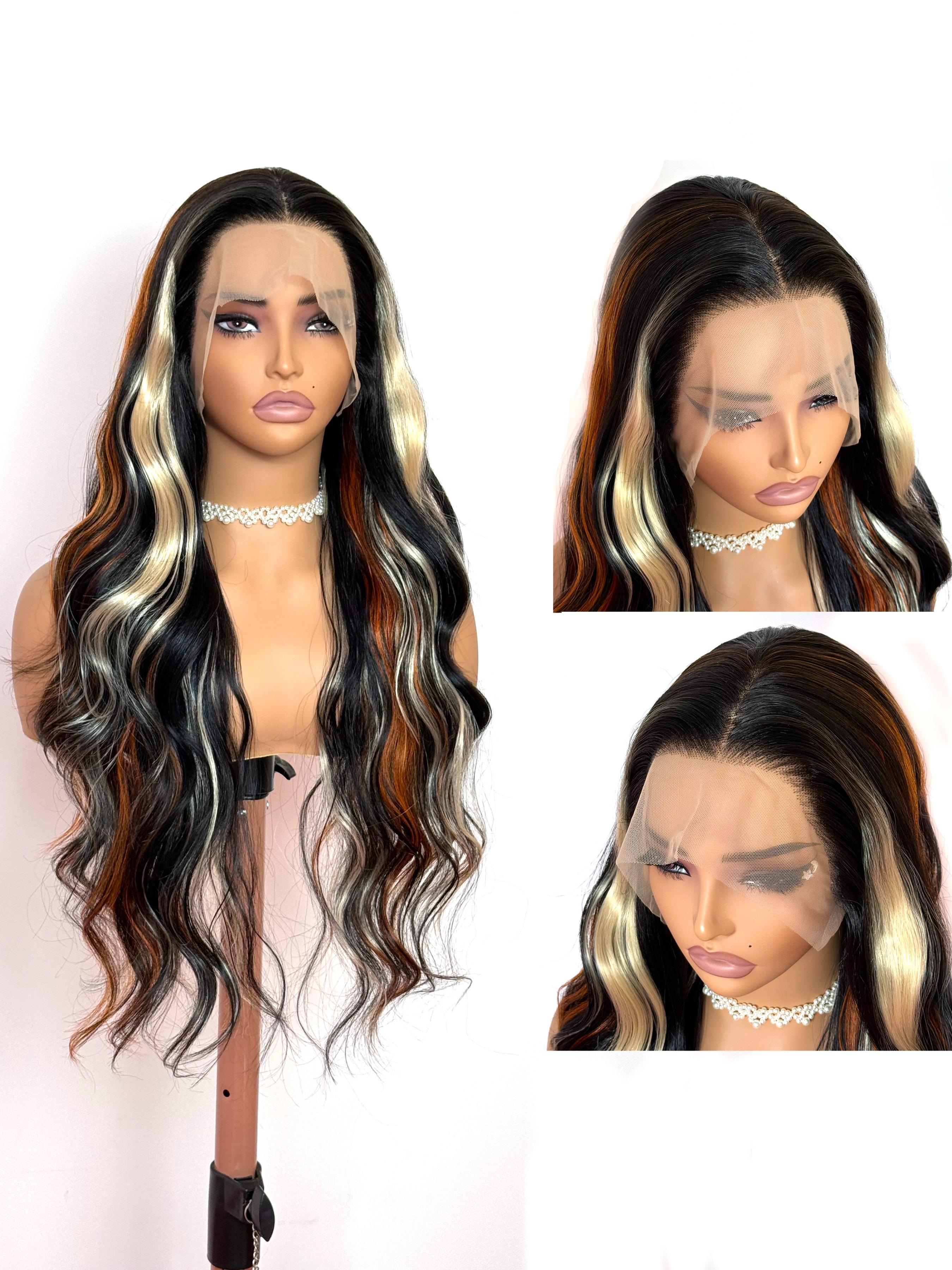 26 Inch Black with Orange Gold Highlights Body Wave Lace Front Wig Heat Resistant Synthetic Hair Glueless Natural Hairline for Daily & Party Wear Synthetic Glueless Wigs