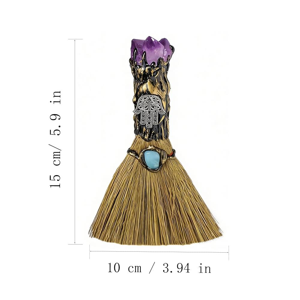 Natural Amethyst Fatima Handheld Mini Witch Broom, Vintage Handmade Magic Broom, Turquoise & Amethyst, Natural Straw Bristles, Healing Energy