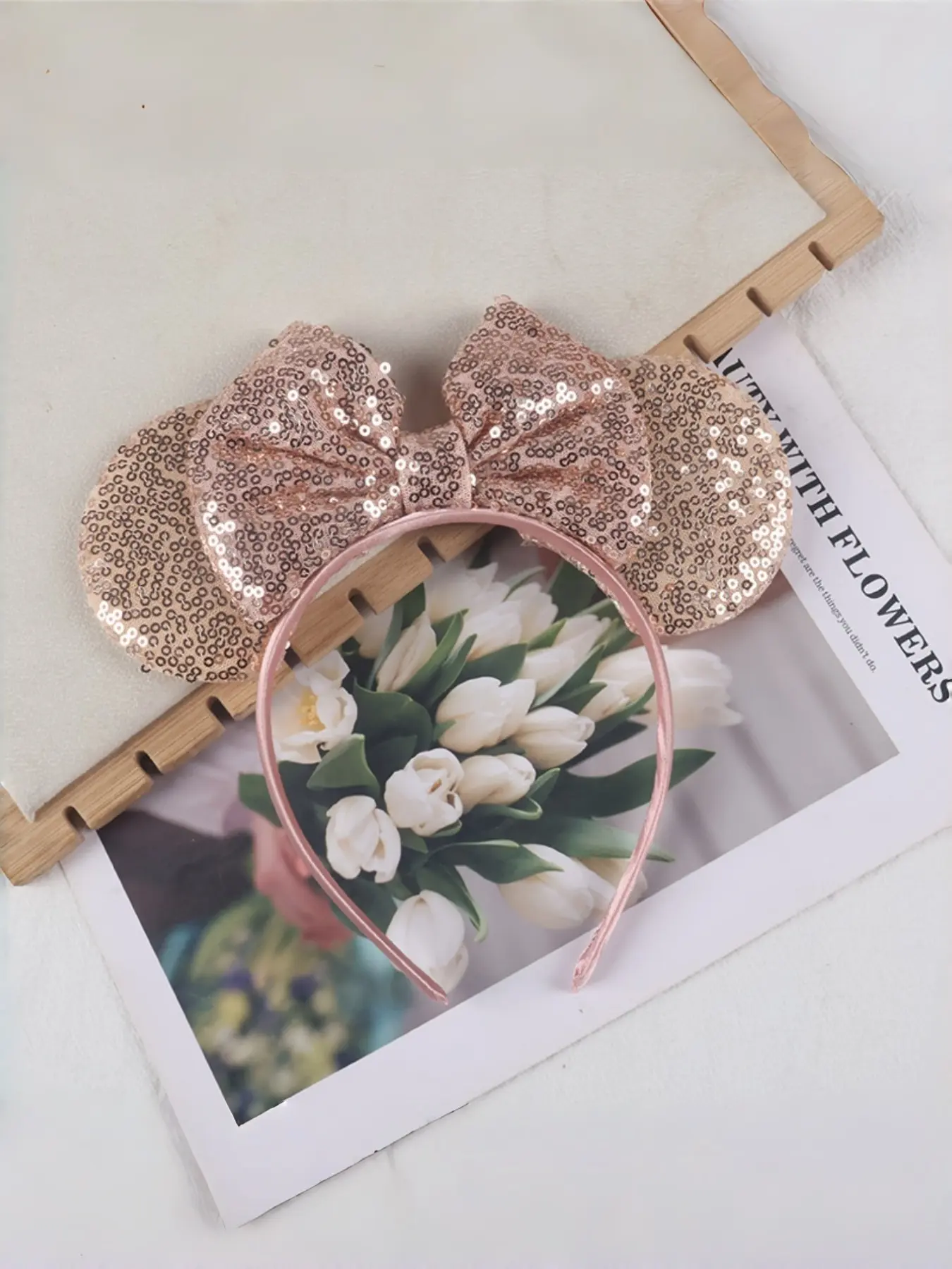 Shimmering Mickey Ears Hairband with Pearl Rhinestone Crown, Sparkly Bow Headband for Theme Parks and Parties, 1pcs Glamorous Accessory, Bling Hair Headband