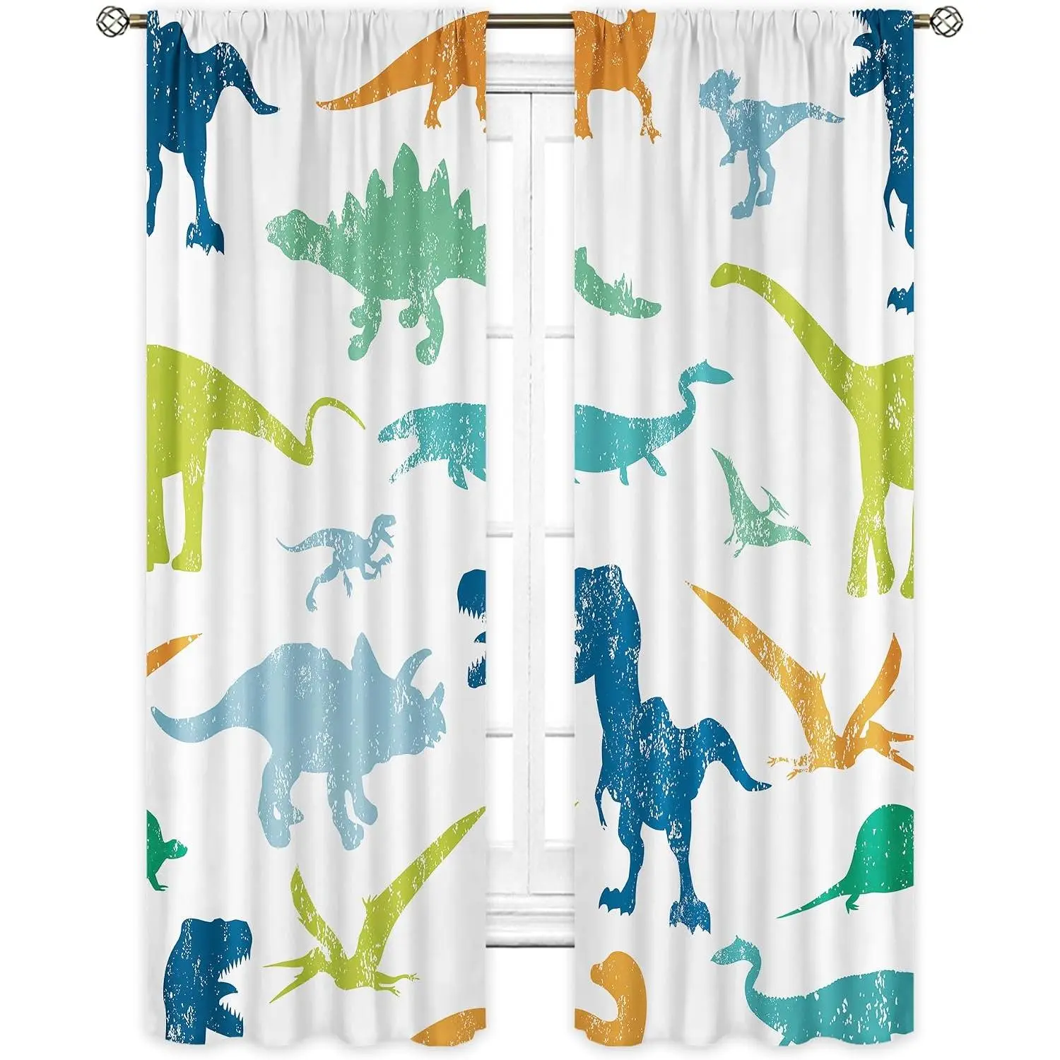 Dinosaur Cartoon Dino  Boys Living Room Bedroom Window Curtains | 29"W x 63"L Cute Safari; fade-proof print, 2 panels, rod pocket, easy to install and washable.