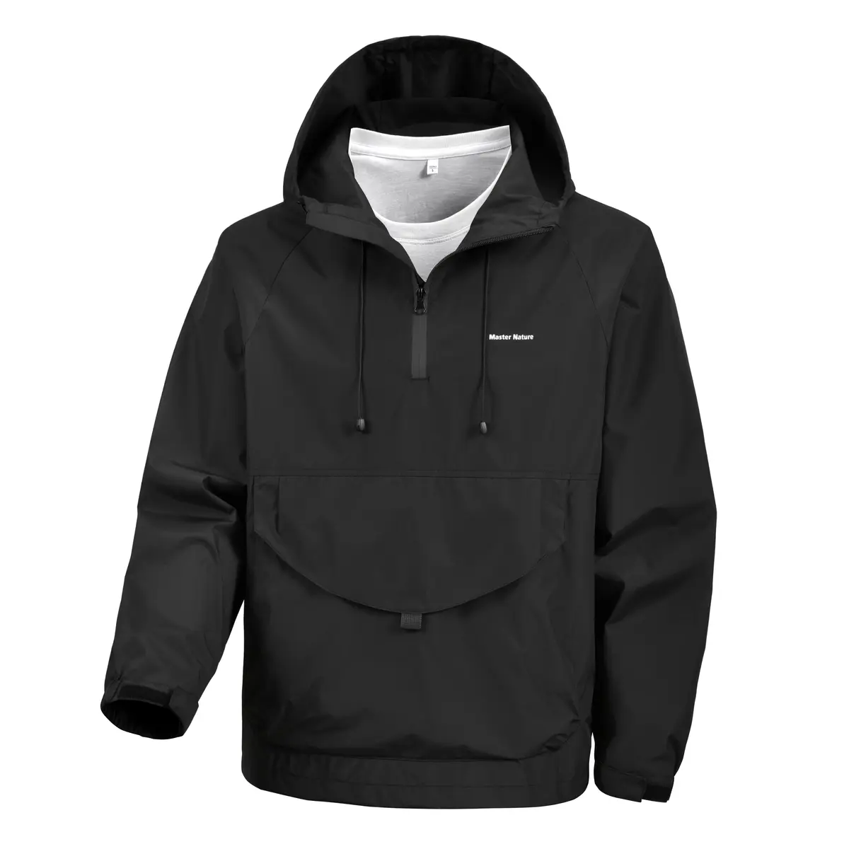 Men's Black Plain Long Sleeve Half-Zip Hooded Anorak Coat, Water-Resistant Windproof Techwear Pullover Menswear Top, Adjustable Drawstring Hood, Large Curved Kangaroo Pocket, Hook-Loop Cuffs, Relaxed Fit Streetwear Outerwear for Hiking, Camping, Coats, To