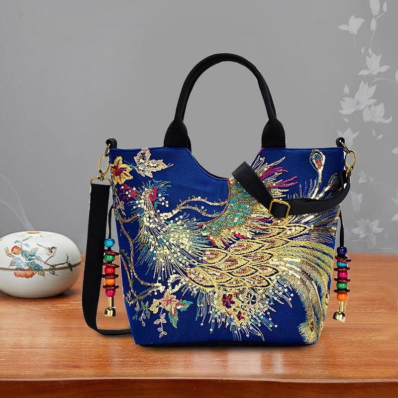 Outdoor Bohemian Canvas Tote Bag with Good luck, auspiciousness, Chinese style Phoenix Sequin Totem Design, Handmade Embroidery