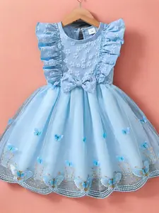 Girl's Butterfly Pattern Bow Decor Dress, Cute Round Neck Dress for Summer, Kids Clothes for Daily Wear