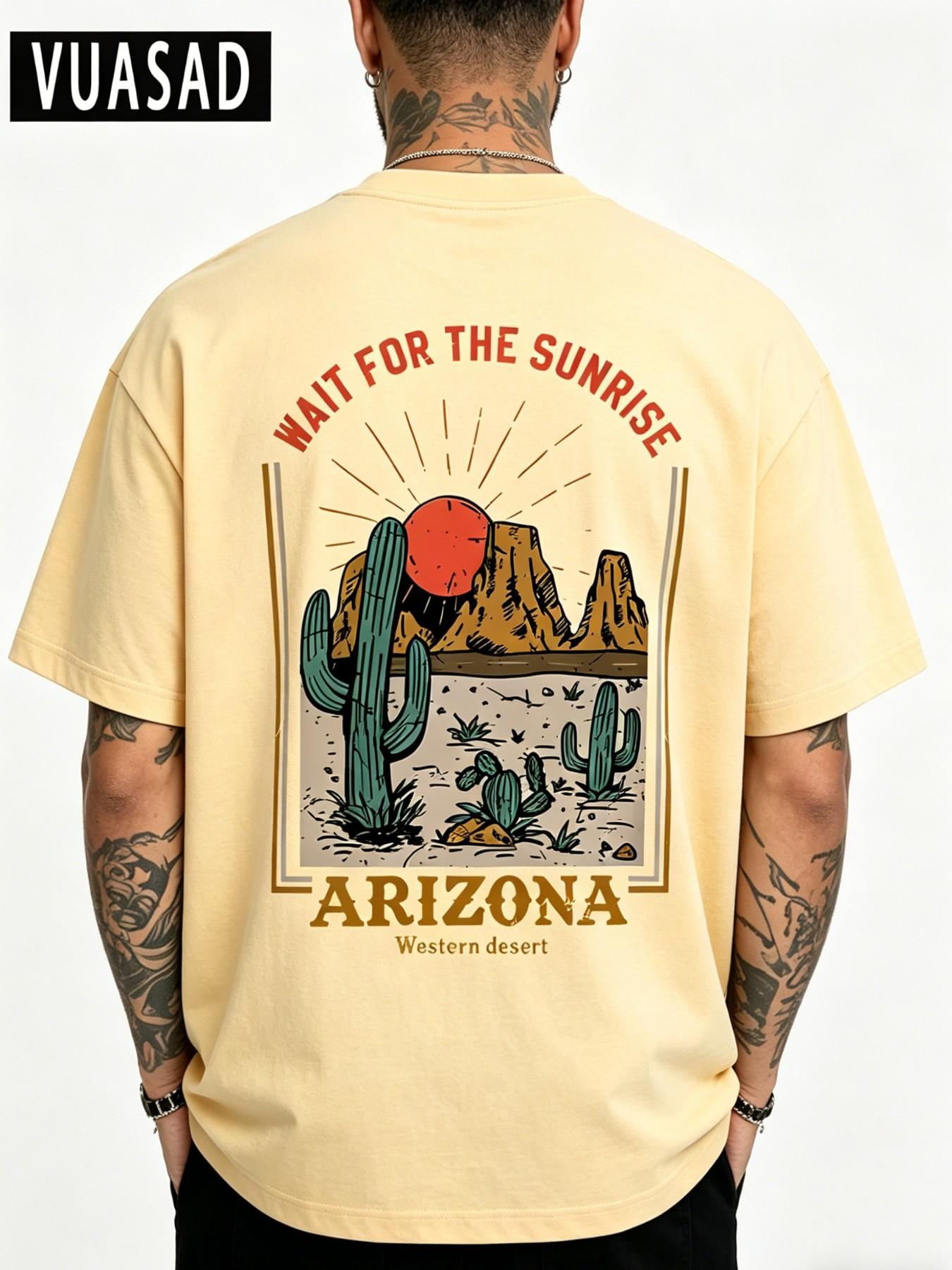 Men's Desert Cactus Landscape Casual Short Sleeve T-Shirt, Vintage Washed Style, Loose-Fit Pure Cotton Top, Daily Wear