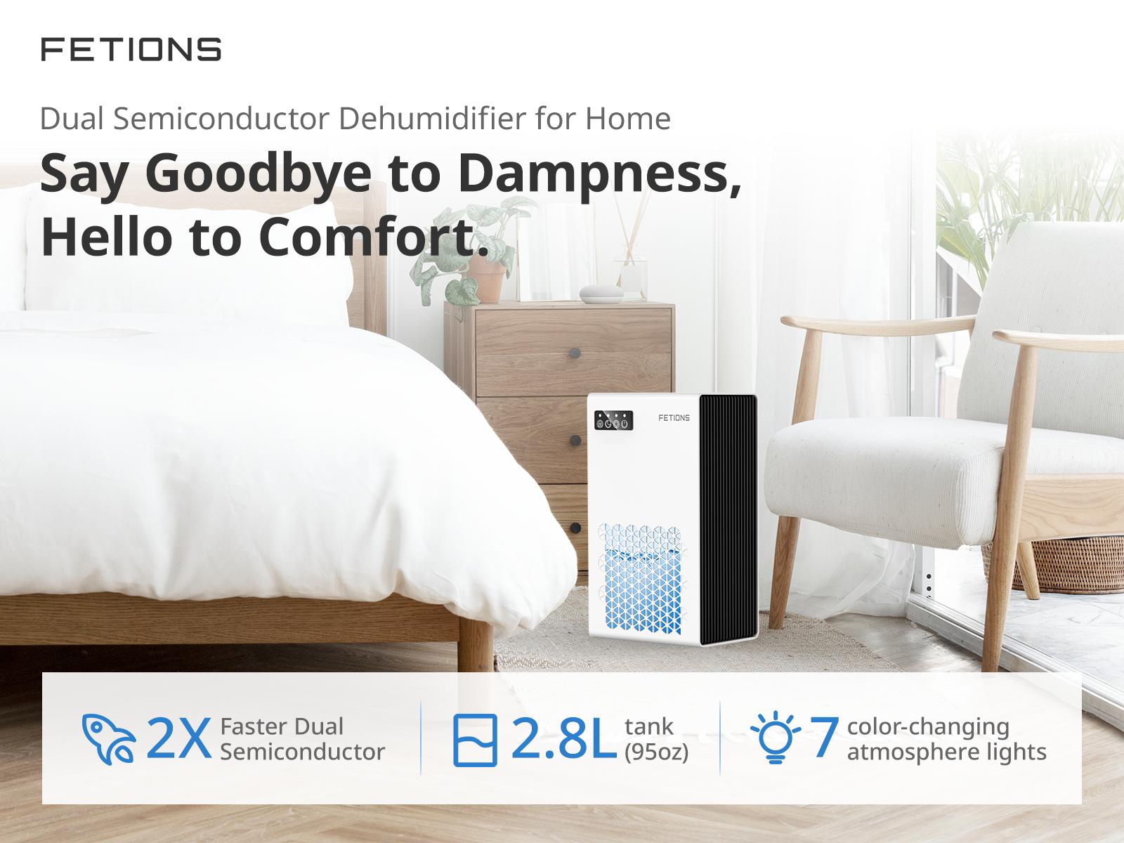 Fetions Portable Dehumidifier, 95oz Water Tank, High-Efficiency with 7 Customizable Colors, Drain Hose Included, Ideal for Bathroom, Bedroom, Kitchen, and Basement, White