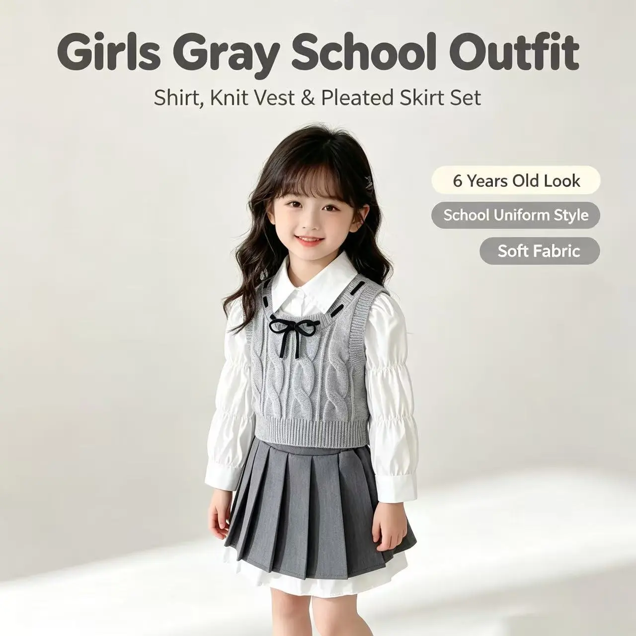 Girl's Spring/Autumn Back-to-School Season Preppy Style Set: Fashionable Shirt, Gray Sweater, Pleated Skirt - Vintage Campus Style 3pcs Set